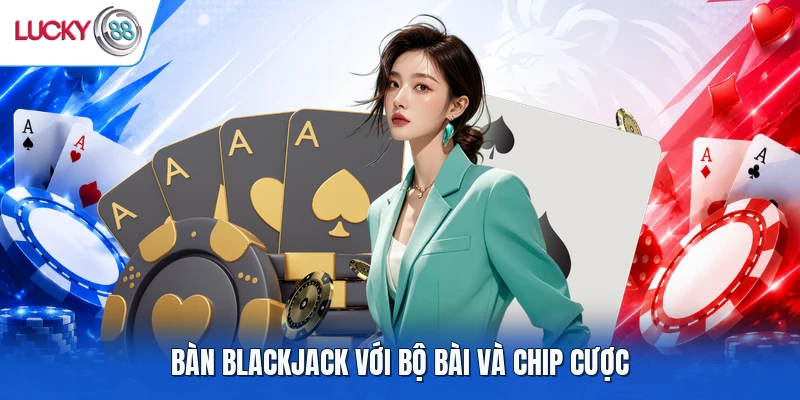 Bàn Blackjack với bộ bài và chip cược